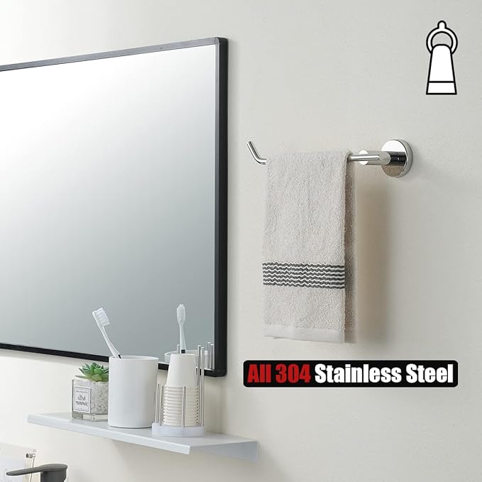 JQK Chrome Hand Towel Bar, Stainless Steel Towel Ring for Bathroom, 9 Inch Necklace Holder Matte Black Wall Mount Left Hand, TR101-CH