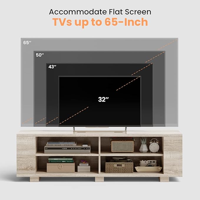 Giantex Modern TV Stand for TVs up to 65 Inch, Wood Entertainment Center w/ 8 Open Storage & Adjustable Shelves, Television Stands w/Cable Holes, TV Console Table for Living Room Bedroom (White Oak)-NeatNest