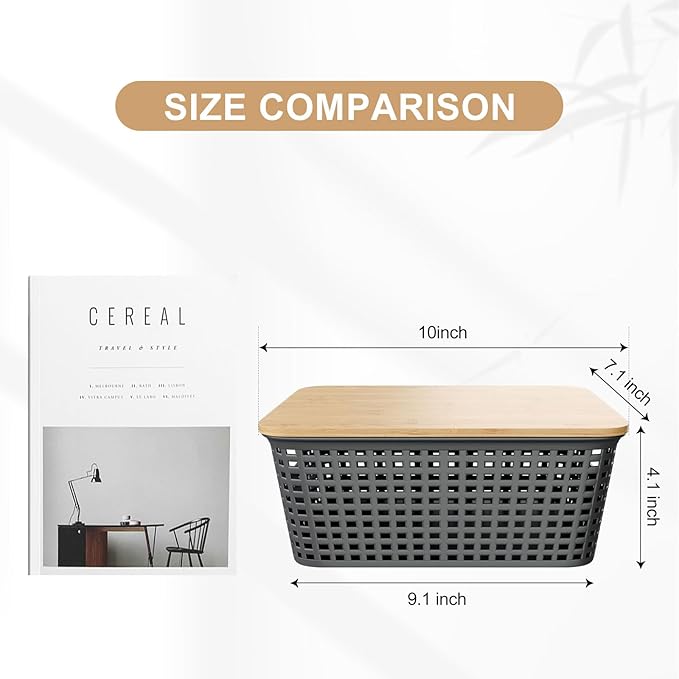6-Pack Stackable Storage Bins with Bamboo Lids, Small 5 Qt Decorative Plastic Storage Baskets Boxes Containers with Labels for Organizing Shelves Classroom Closet Office Bathroom, Grey-NeatNest