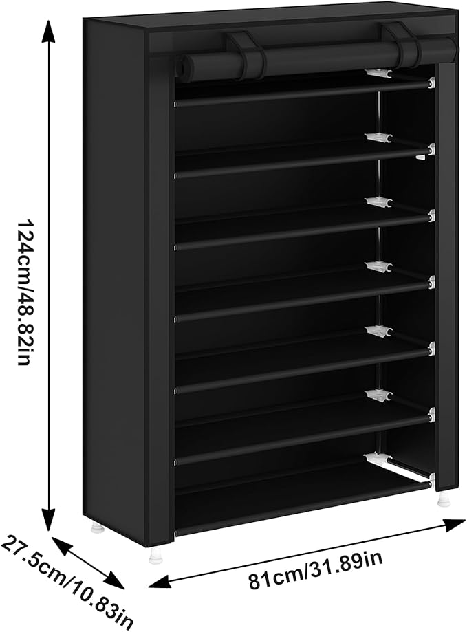 Laiensia 7-Tier Vertical Shoe Rack Organizer, Space Saving Shoe Storage Organizer, Non-Woven Cover Shoe Shelf Holds 28-35Pairs for Bedroom, Hallway, Closet Entryway, Black-NeatNest