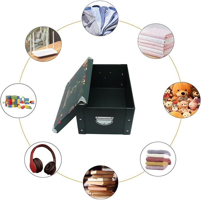 GUOZI Collapsible Storage Box, Decorative Memory Box with Lid & Metal Reinforced Corners, Cardboard File Bin with Handles, Organizer Gift Box for Keepsake Toy Photos Office Nursery Wardrobe Bookshelf-NeatNest