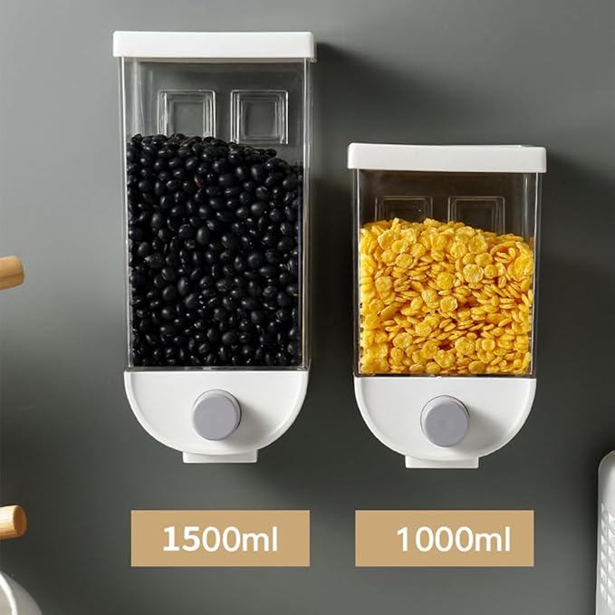 Hemoton Dry Food Dispenser Wall Mounted Single Cereal Dispenser Box for Cereal Grain Nuts Beans Candy Rice Oatmeal Storage Container 1500ml (White)-NeatNest