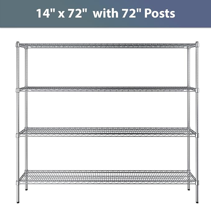 14" x 72" NSF Chrome 4-Shelf Kit with 72" Posts, Commercial Storage Rack Unit, Heavy Duty Storage Shelving, Wire Shelving Kit, Adjustable Rack Strong Steel, Multipurpose Wire Shelf
