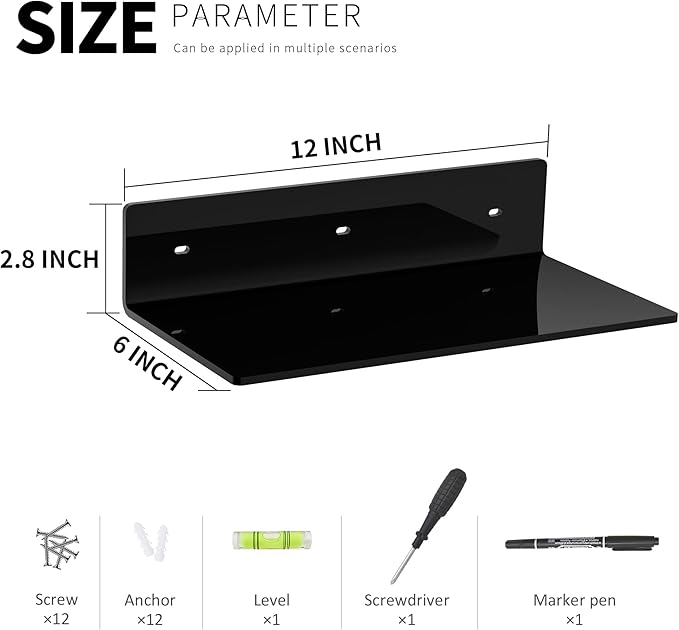 12 Inches Black Wall Shelves Set of 4, Acrylic Floating Shelf for Wall, Wall Mounted Display Shelf for Bedroom, Living Room, Funko Pop Shelves, Smart Speaker, 4 Pack-NeatNest
