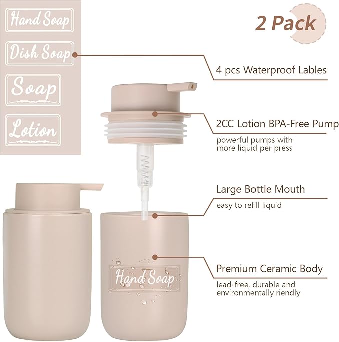 BosilunLife Khaki Soap Dispenser Set - 2 Pack 12oz Ceramic Dish Soap Dispenser with Rust Proof Pump for Kitchen, Hand Soap and Lotion Set Suitable for Farmhouse Bathroom Decor with Waterproof Labels-NeatNest