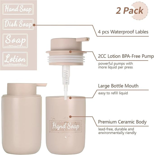 BosilunLife Khaki Soap Dispenser Set - 2 Pack 12oz Ceramic Dish Soap Dispenser with Rust Proof Pump for Kitchen, Hand Soap and Lotion Set Suitable for Farmhouse Bathroom Decor with Waterproof Labels-NeatNest