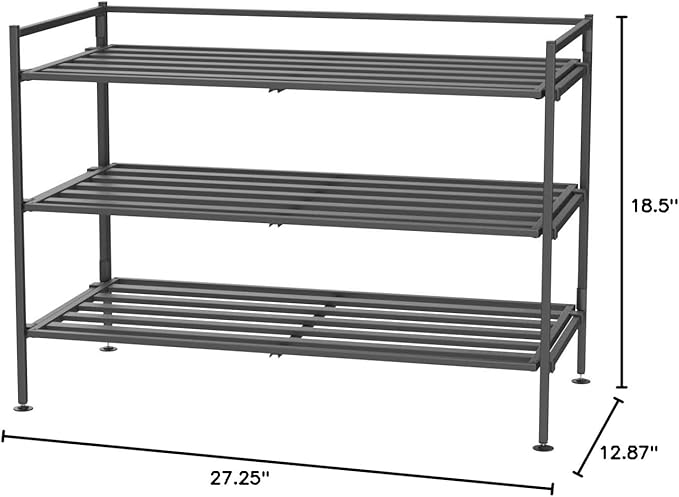 Seville Classics Sturdy Freestanding Storage Shelf for Bedroom, Closet, Entryway, Dorm Room Organizer Stackable Durable Metal Shoe Rack Ash Gray Slat, 3-Tier-NeatNest