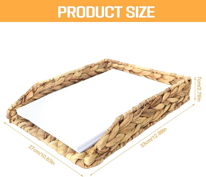 Water Hyacinth A4 Desk Paper Tray Rectangular Hand-Woven Rattan Desk Basket Document Tray Magazine Files Basket Organizer for Office Bathroom,2 Pack