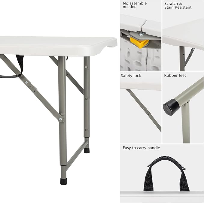 Generic 4ft Portable Folding Table, Plastic Table w/ 4 Adjustable Heights, Indoor Outdoor Heavy Duty Fold-in-Half Utility Table w/Carry Handle 300LBS, White-NeatNest