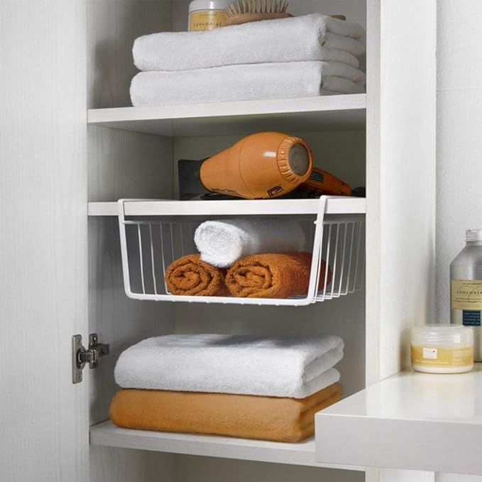 Under Shelf Wire Storage Baskets – Hanging Organizer Rack for Cabinet, Pantry, or Closet – White Metal Basket for Kitchen, Towels, or Office – No Tools Required (Set of 4 10.25")-NeatNest
