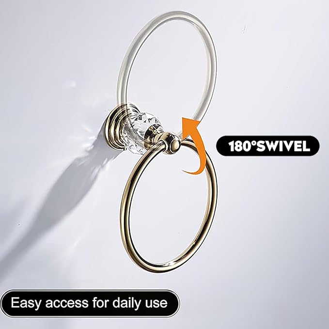 Gold Towel Ring - SUS304 Stainless Steel Wall Mounted Hand Towel Holder for Bathroom - Kitchen & Bathroom Towel Rack - Crystal Towel Hanger - Round Hand Towel Rack
