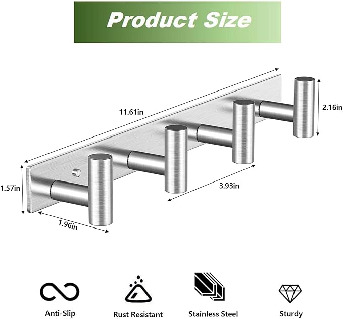 Wall Mounted Coat Rack-4 Hooks, Heavy Duty Stainless Steel Hook Rail for Towel Coat Hat Purse Bag Jacket, Towel Hooks for Entryway Bathroom Kitchen (Silvery 4 Hooks - 1 Pack)-NeatNest