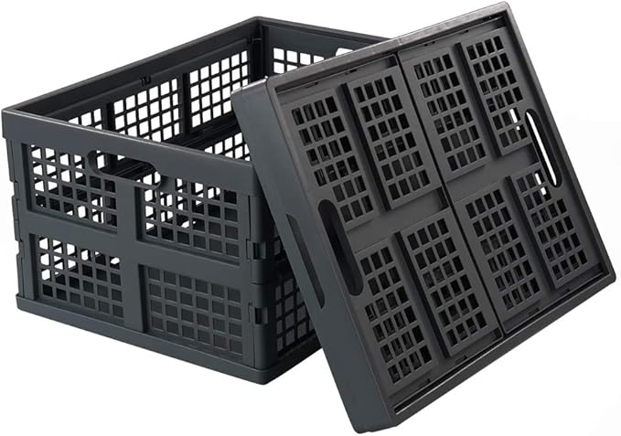 Ggbin 34 Liter Folding Plastic Containers, Grey Plastic Crate, 2 Packs