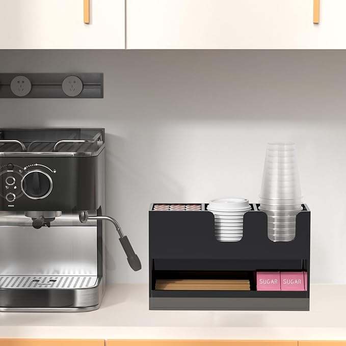 Coffee Condiment and Cup Organizer - 2-Tier Upright Cup and Lid Holder with Straw Organizer 4 Compartments Black Acrylic Cup Dispenser for Restaurant Breakroom Coffee Station Countertop-NeatNest