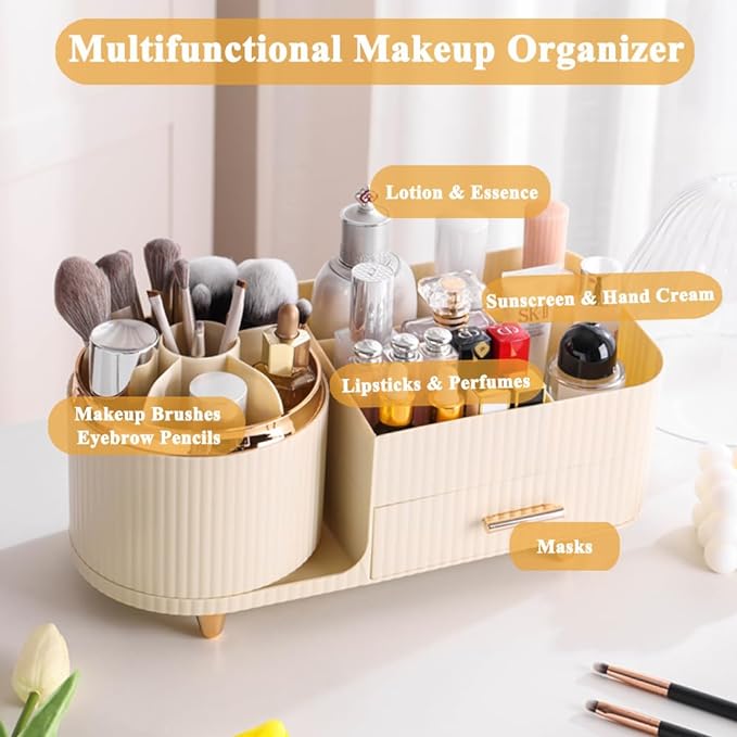 Makeup Organizer Countertop with Drawer 360 Rotating Brush Holder Storage Large Capacity Skincare Cosmetic Display Cases for Vanity Bathroom Desktop, Model 3016 Cream-NeatNest