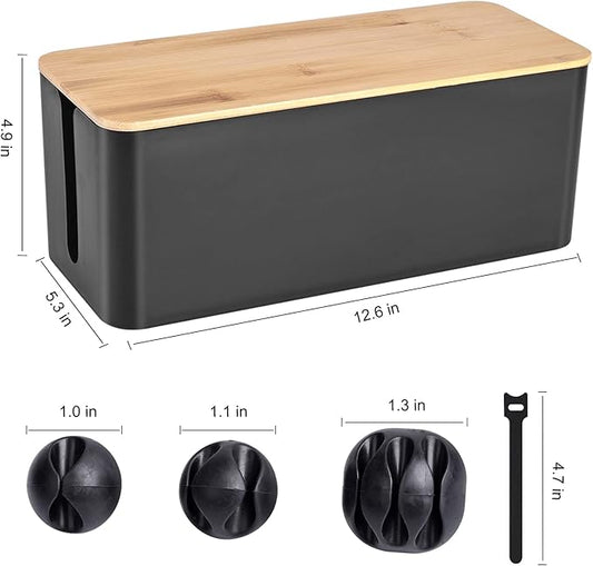 Cable Management Box - Wooden Style Cord Organizer Box to Hide Wires & Power Strips | Desk Computer Cable Organizer Box | Safe ABS Material | 12.6" (L) x 5.3" (W) 4.9" (H) | for Home & Office - Black-NeatNest
