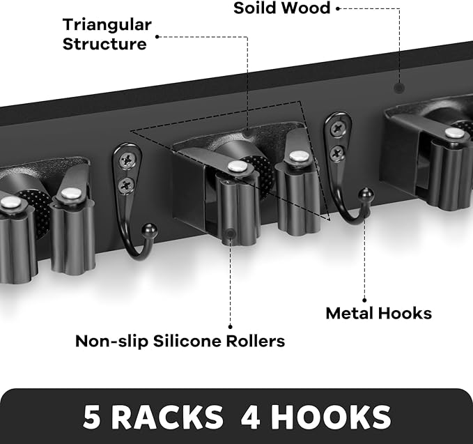 IMILLET Broom Holder Wall Mount, Wood Broom Holder with 5 Racks and 4 Hooks Broom Organizer, Laundry Room Organization and Storage, Mop Hanger for Home Organization, Garden, Garage, Closet (Black)-NeatNest