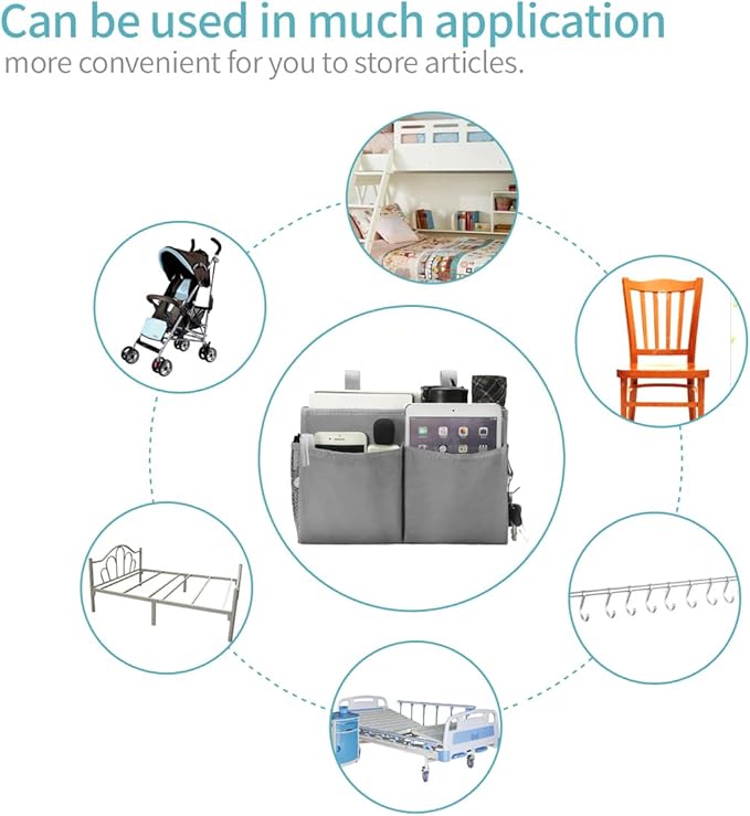 Bunk Bed Organizer, Bedside Caddy Hanging Bed Organizer Storage Bag with 4 Pockets and 2 Hooks, for College Dorm Rooms Bed, Hospital Bed, Baby Bed Rails, 600D Oxford Cloth (Gray)-NeatNest