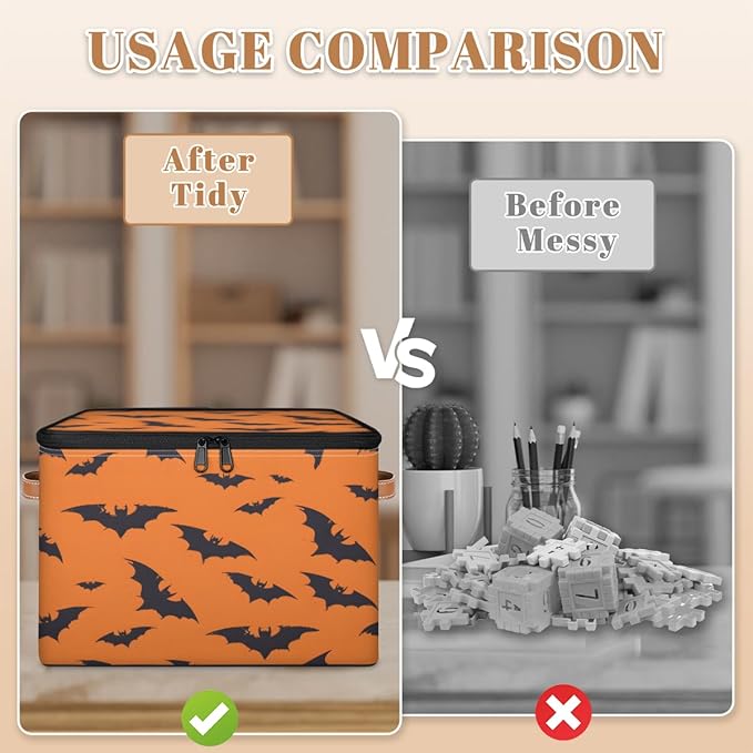 Halloween Bat Storage Bins with Lids, Black Orange Fabric Storage Boxes with Zipper, Collapsible Decorative Closet Organizer Cube for Clothes,Organizing, Shelves-NeatNest