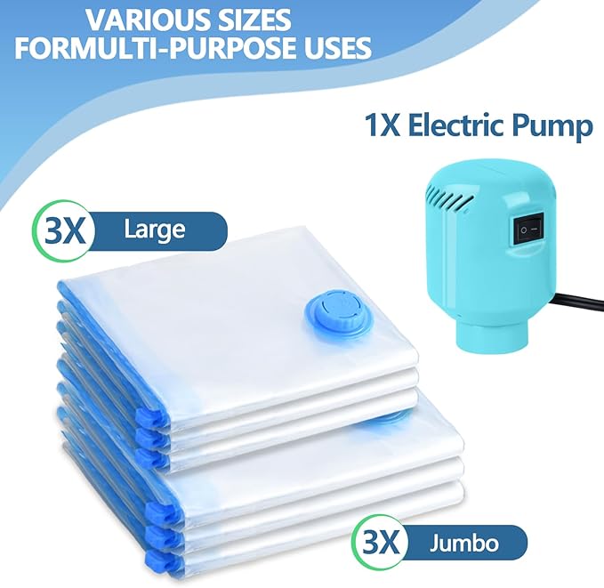 Vacuum Storage Bags with Electric Air Pump, 6 Pack (3 Jumbo, 3 Large) Fast Deflating Double Zip Seal Space Saver Bag for Clothes, Mattress, Blanket, Duvets-NeatNest