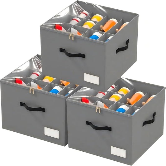 3 Pack Shoe Organizer for Closet, Foldable Shoe Storage Containers, Fits up to 24-48 Pairs, Shoe Storage Organizer Box Cubby Baskets Bins with Clear Cover and Reinforced Handles, Gray-NeatNest