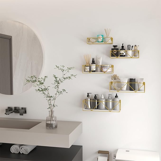 CRUGLA Gold Floating Shelves Wall Mounted Set of 5, Hanging Storage Floating Shelf for Bathroom, Kitchen, Bedroom, Living Room-NeatNest