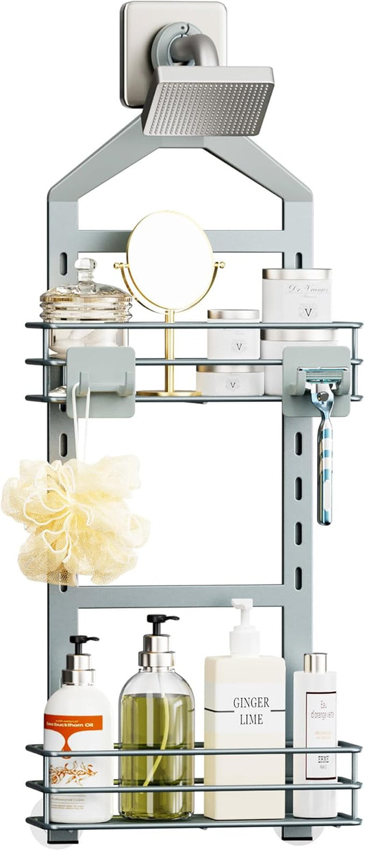 Orimade Adjustable Anti-Slip Shower Caddy Over Shower Head, Rustproof Bathroom Hanging Shower Organizer with 2 Hooks for Razor, No Drilling Shower Shelves Storage Rack 2 Tier, Light Grey