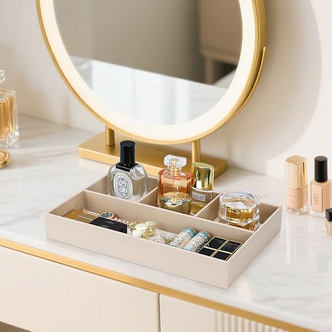 GORESE PU Leather Valet Tray, Stackable Jewelry Trays for Dresser, Drawer Nightstand Organizer Bedside Trays for Men Women, Entryway Desk Catchall Tray for Trinket, Key, Purse, Watch, Cologne, Beige-NeatNest