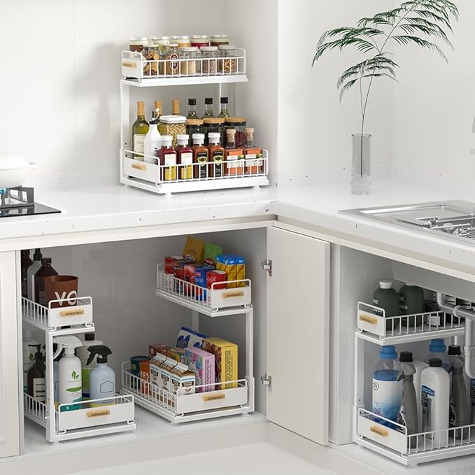 Under Sink Organizer, Pull Out Kitchen Cabinet Organizer, 2-Tier Metal Under Sink Organizers and Storage Height-Adjustable, Kitchen Bathroom Organizers and Storage Shelves, White-NeatNest