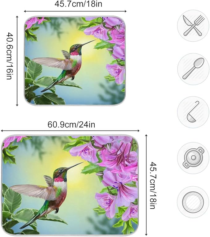 Hummingbird Dish Drying Mat Absorbent Kitchen Pads for Counter Kitchen Dish Dryer 16 x 18 Mat under Dish Drainer