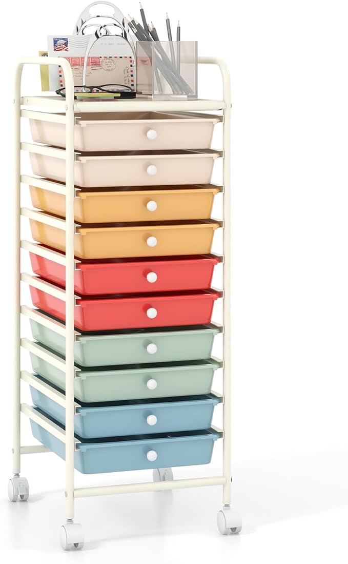 COSTWAY 10-Drawer Rolling Storage Cart, Utility Mobile Trolley with Removable Drawers & Universal Casters & 2 Brakes, Versatile Flexible Drawer Organizer Cart for Home, Office, Macaron-NeatNest