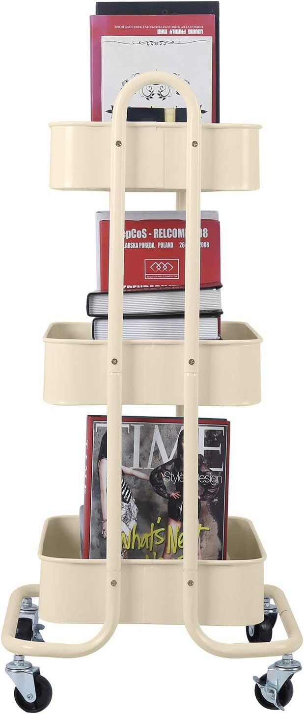 Melody House 3-Tier Metal Mesh Utility Rolling Cart Storage Organization Cart with Wheels, Beige
