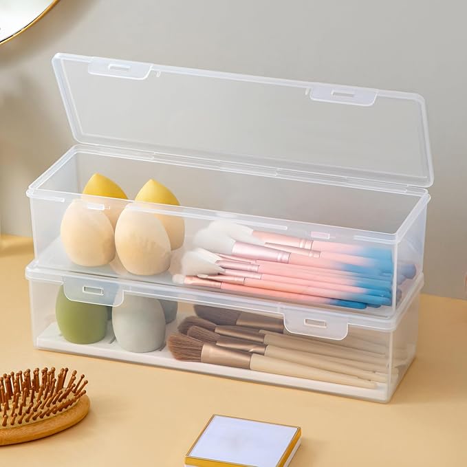 Clear Craft and Art Supply Storage Organizer, Small Deep Strips Container with Lid for Makeup, Paint Brush, Tools, Crayon, Stackable (Clear-1pack)-NeatNest