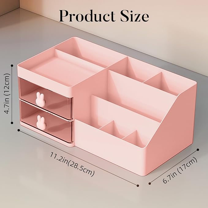 Makeup Organizer, Cosmetic Desk Storage Box with Drawers Skincare Organizers for Dressing Table, Countertop, Bathroom Counter, Vanity Holder for Brushes, Lotions, Lipstick, Perfume (Pink-Clear)-NeatNest