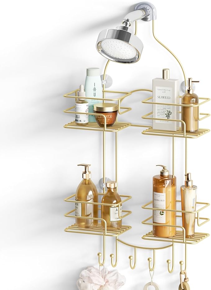 SRIWATANA Shower Caddy Hanging, Bathroom Organizer, No Drilling Shelves Over Shower Head, Bath Rack Holder with Hooks for Razors and Sponge - Gold