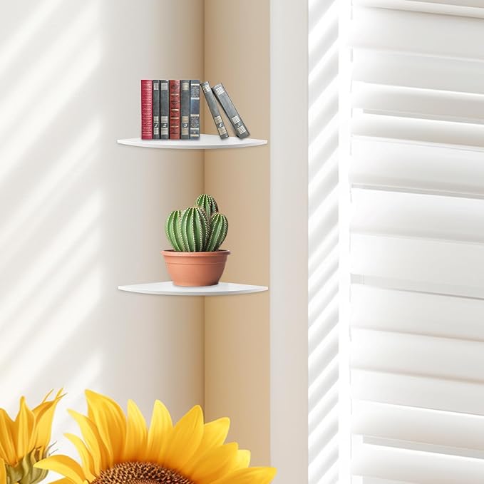 JJL Corner Shelf, 12-Inch Sector Wall Shelf, Set of 4 Wooden Hanging Corner Shelves with Wire Hole for Bedroom Corner Decoration, White-NeatNest
