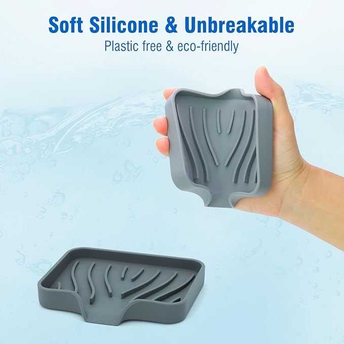 3-Pack Silicone Soap Dish Bar Soap Holder, Self Draining Soap Tray for Shower, Bathroom, Kitchen, Bathtub (Grey)-NeatNest
