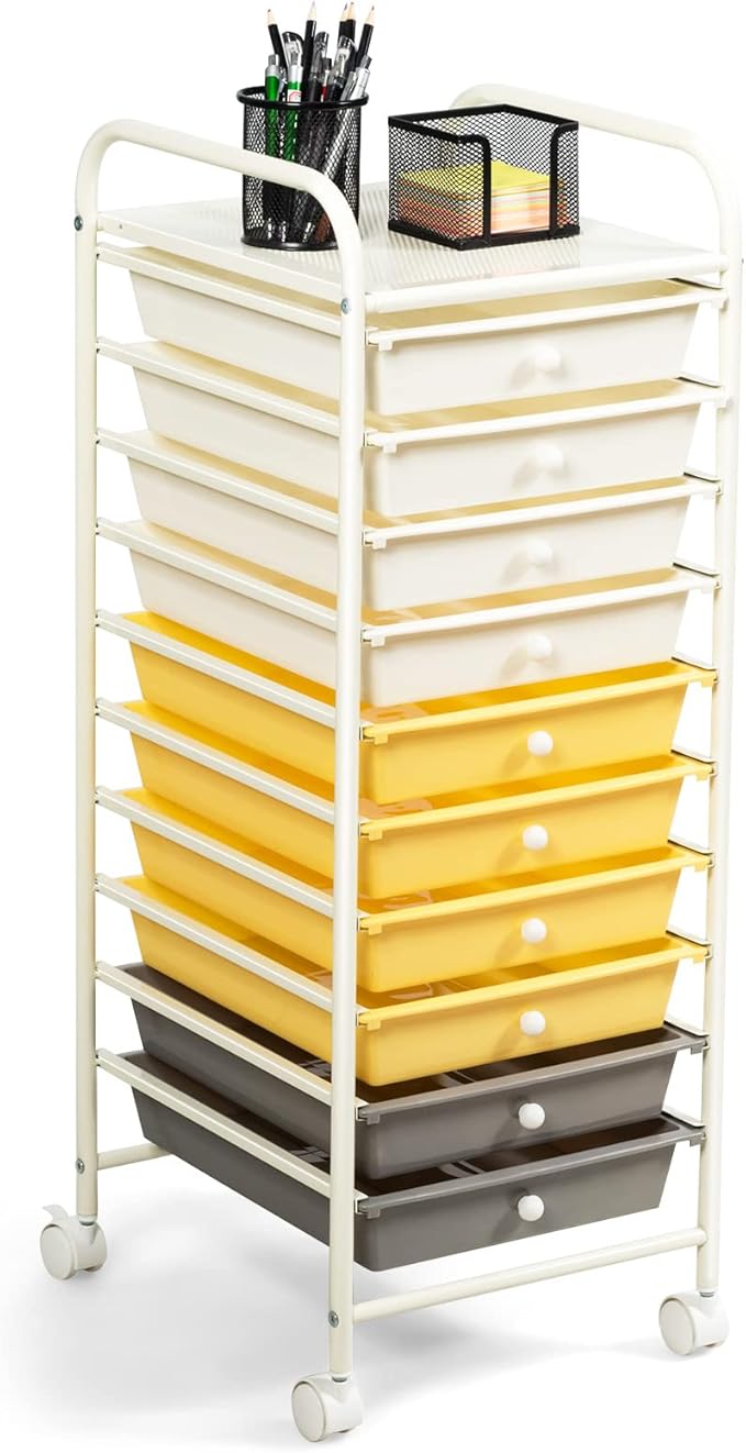 COSTWAY 10-Drawer Rolling Storage Cart, Utility Mobile Trolley with Removable Drawers & Universal Casters & 2 Brakes, Versatile Flexible Drawer Organizer Cart for Home, Office (Yellow)-NeatNest