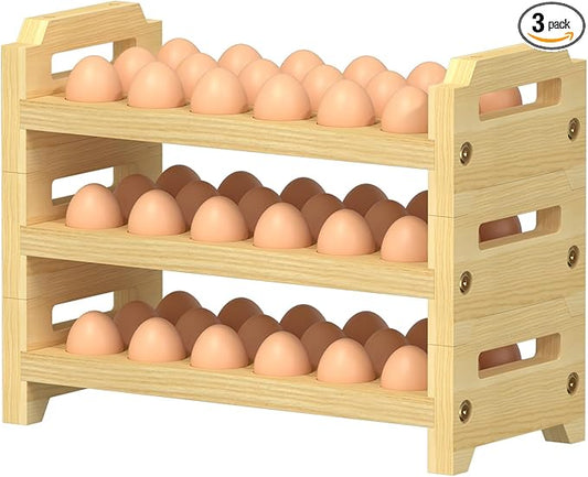 Egg Holder Countertop, 3-Tier Stackable Wooden Egg Holder for 54 Eggs, Space Saving Countertop Organizer, Multi-Size Egg Storage Rack for Chicken Duck Turkey Quail Eggs, Natural