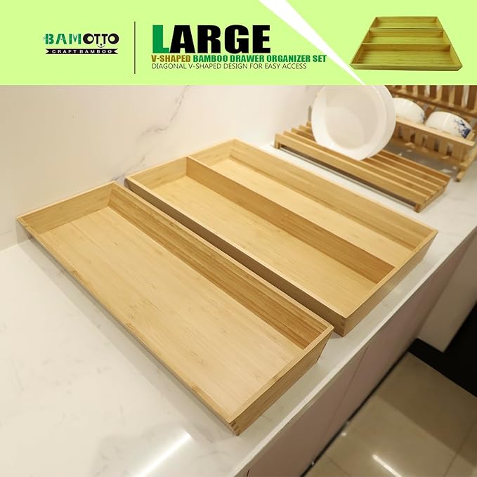 2-Piece V-Shaped Bamboo Drawer Organizer - Ideal for Kitchen's Large Long Tableware, Cooking Utensils, Flatware, Silverware - Wood Storage Box for Home, Bedroom, Bathroom (19.6"x12.4" & 19.6"x7.8")-NeatNest