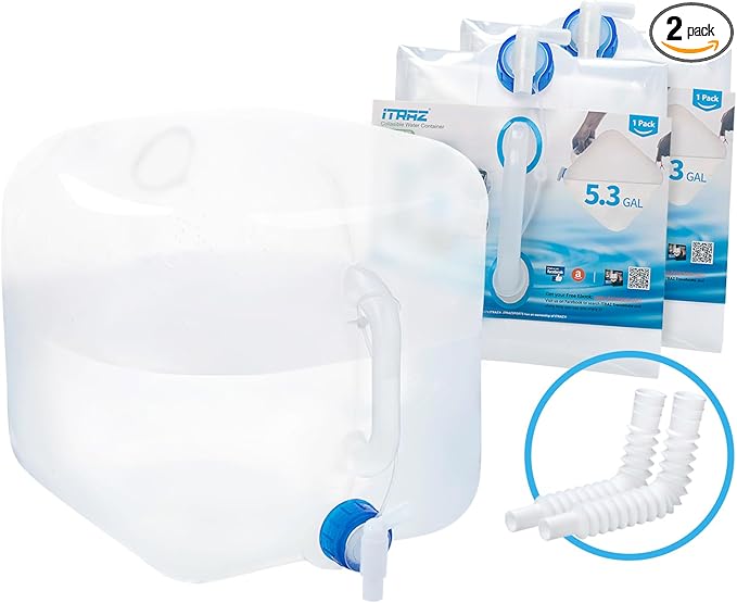 Collapsible Water Container with Spigot, 2×5.3 Gallon BPA Free Camping Water Storage Jug Carrier for Outdoors Hiking Backpack RV&Emergency, Survival Water Canteen-Portable Foldable Transparent-NeatNest