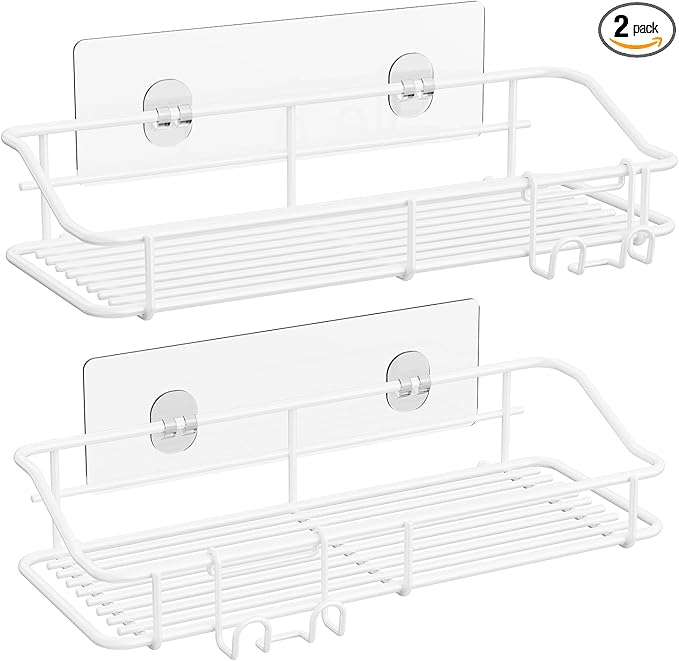 Nieifi Shower Caddy Shelf with Hooks Storage Rack Organizer Adhesive Stainless Steel Without Drilling for Bathroom, Lavatory, Washroom, Restroom, Shower, Toilet, Kitchen - 2 Pack (White)-NeatNest