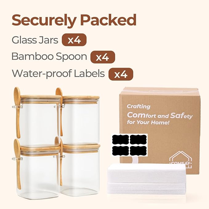 ComSaf 0.8 Qt Glass Jars with Bamboo Lids & Spoons Set of 4, Square Glass Containers with Lids, Sugar Coffee Containers Salt Spice Jars, Pantry Storage Container for Loose Tea, Candy, Brown Sugar, Nut-NeatNest