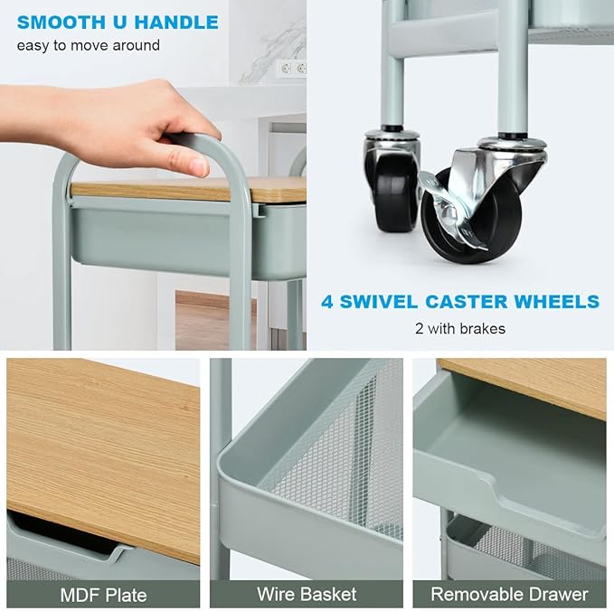 3 Tier Rolling Cart, Utility Cart with Drawer and Table Top, Metal Rolling Kitchen Storage Organizer Cart with Handle and Locking Wheels for Bathroom Office Balcony Living Room-NeatNest