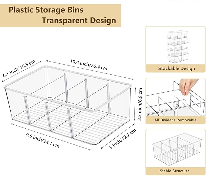 2 Pcs Clear Pantry Organizers and Storage,Plastic Storage Bins for Fridge with Removable Dividers, Kitchen Cabinet Organizers Ideal for Kitchen, Pantry, Refrigerator, Freezer, and Snack Storage-NeatNest