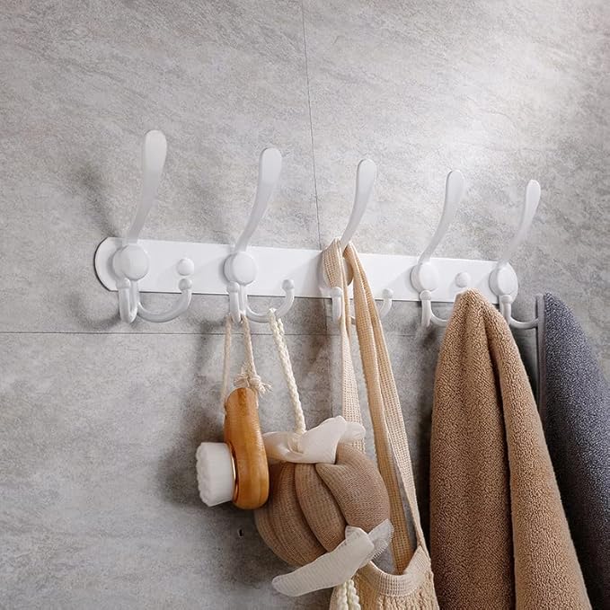 Coat Rack Wall Mounted,5 Tri Stainless Steel Coat Hook for Coat Hat Robes Towel in Mudroom Entryway (White, 2 Pack 5 Hook)-NeatNest