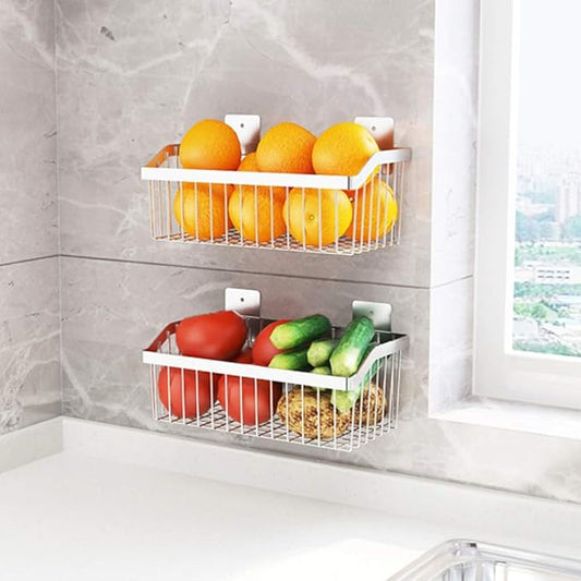 2PCS Kitchen Storage Metal Wire Fruit Basket - SUS304 Stainless steel Organizer Storage Bin Baskets for Bathroom - Space Saving Design for Pantry Organization, Spice Rack,Self Adhesive（Silver）-NeatNest