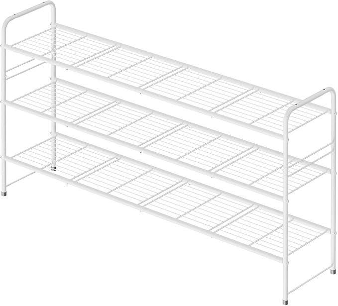 3 Tier Shoe Rack for Closet, 46.5 Inch Extra Long Shoe Storage Organizer for Shelves, Heavy Duty Metal, Easy Assembly, White-NeatNest