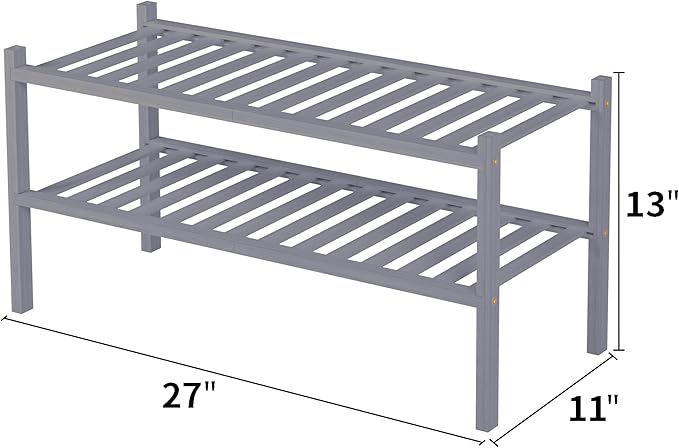 2 Tier Bamboo Shoe Rack for Closet Free Standing Wood Shoe Shelf for Entryway Small Space Stackable 27"x11"x13" (Grey)-NeatNest