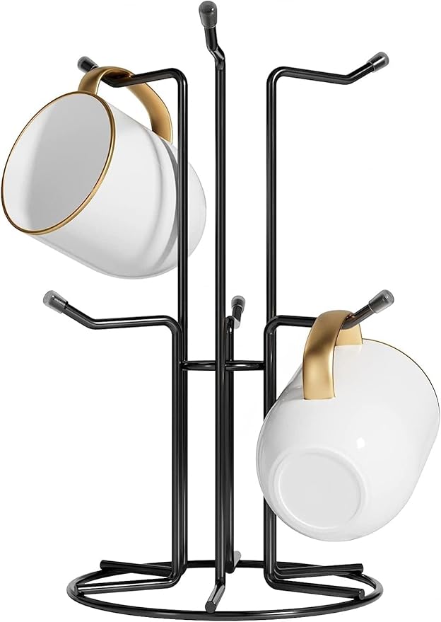 HULISEN Mug Tree for Large Cups, Counter Coffee Mug Holder with 6 Hooks, Metal Coffee Cup Holder Tree, Standing Rack for Countertop, Kitchen Counter Decor, Black-NeatNest